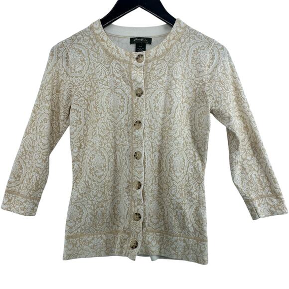 Eddie Bauer Cardigan Beige Creme Damask Cotton Blend Cozycore Winter Workwear - Picture 1 of 4